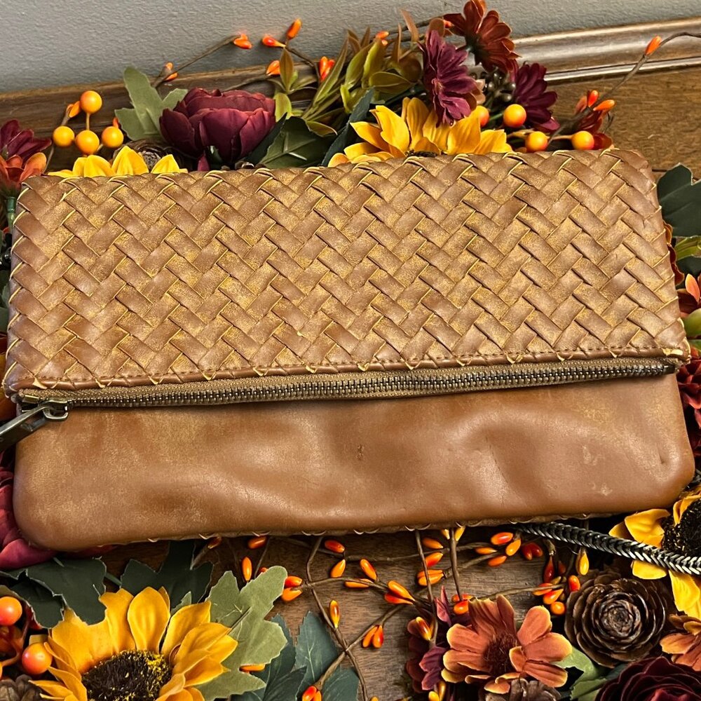Deux Lux woven cross body bag medium brown chain strap vegan leather